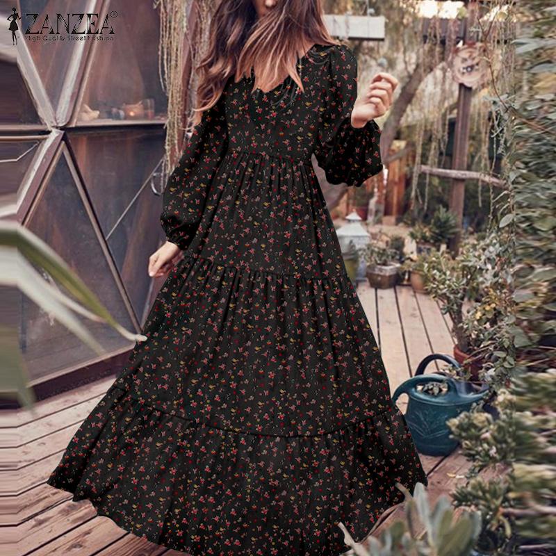 ZANZEA Women Casual Floral Print Long Sleeve V-neck Long Dress