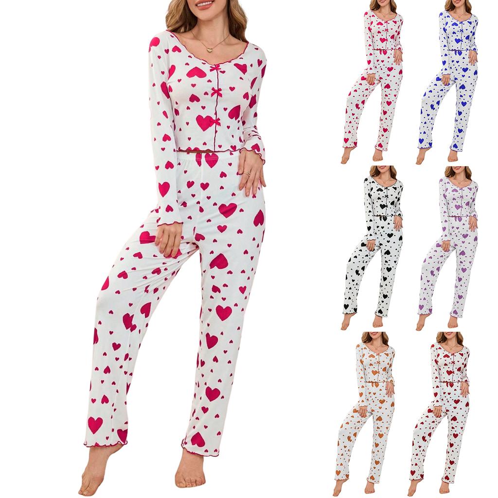 Women's Comfortable Love Print Long-sleeve And Long-pants Pajama Set