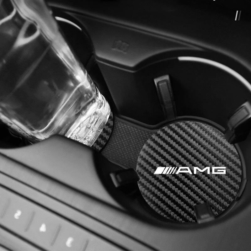 IXEA6 2Pcs Leather Car Logo Coaster Anti Noise Cup Mats Accessories For Mercedes Benz AMG GLE GLS CLA CLE GLC CLS GLA W223 Stickers