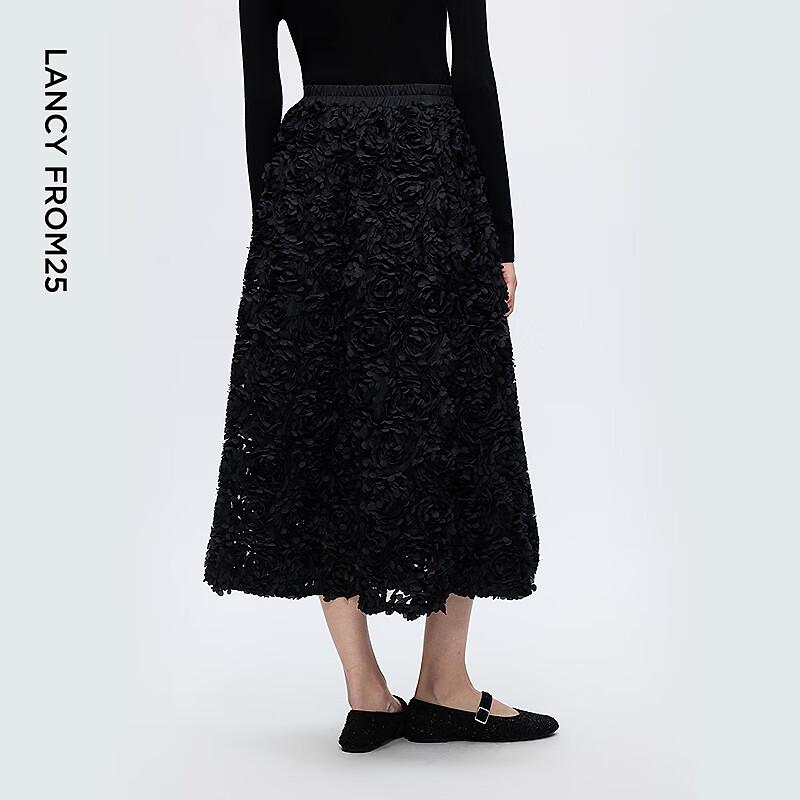 Lancy Black 3D Floral High-Waist A-Line Long Skirt