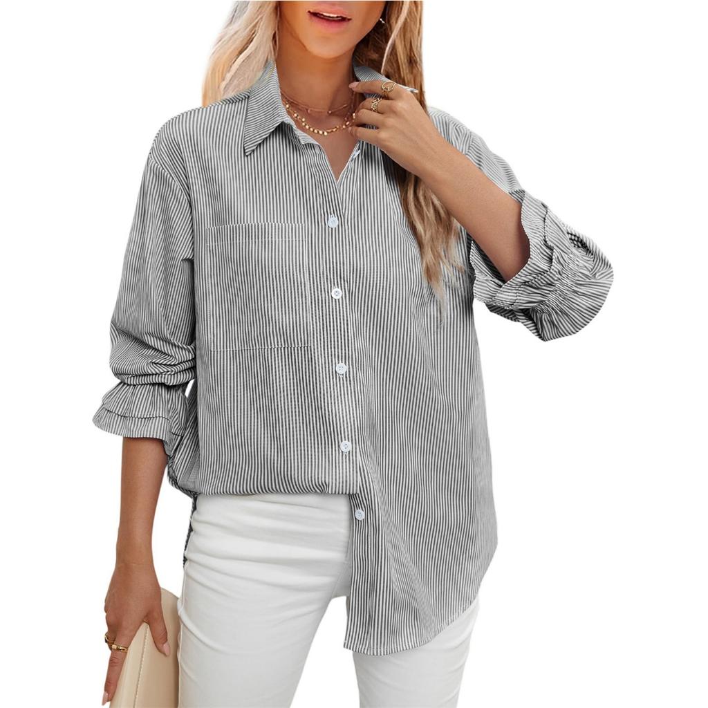 Модная женская полосатая повседневная рубашка топы с длинным рукавом