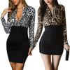 Lady Petticoats Plus Size Women Sexy Front Crossing V Neck Leopard Print Cocktail Party Bodycon Mini Dress