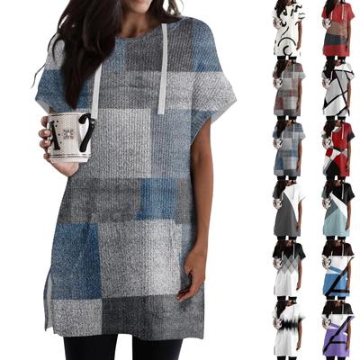 Женские свободные рубашки с принтом, толстовки с короткими рукавами и шнурком, вязаная туника с боковыми разрезами, топы с капюшоном и карманом