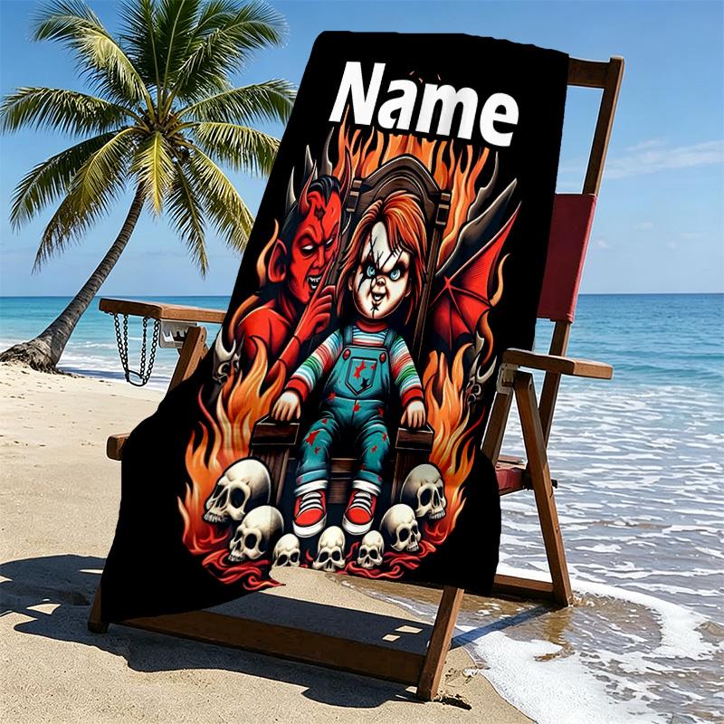 Custom Name Personalized Bride of Chucky Print Beach Towel, for Trip Camping Beach Party Home Decor, Birthday Gift for Family & Friends