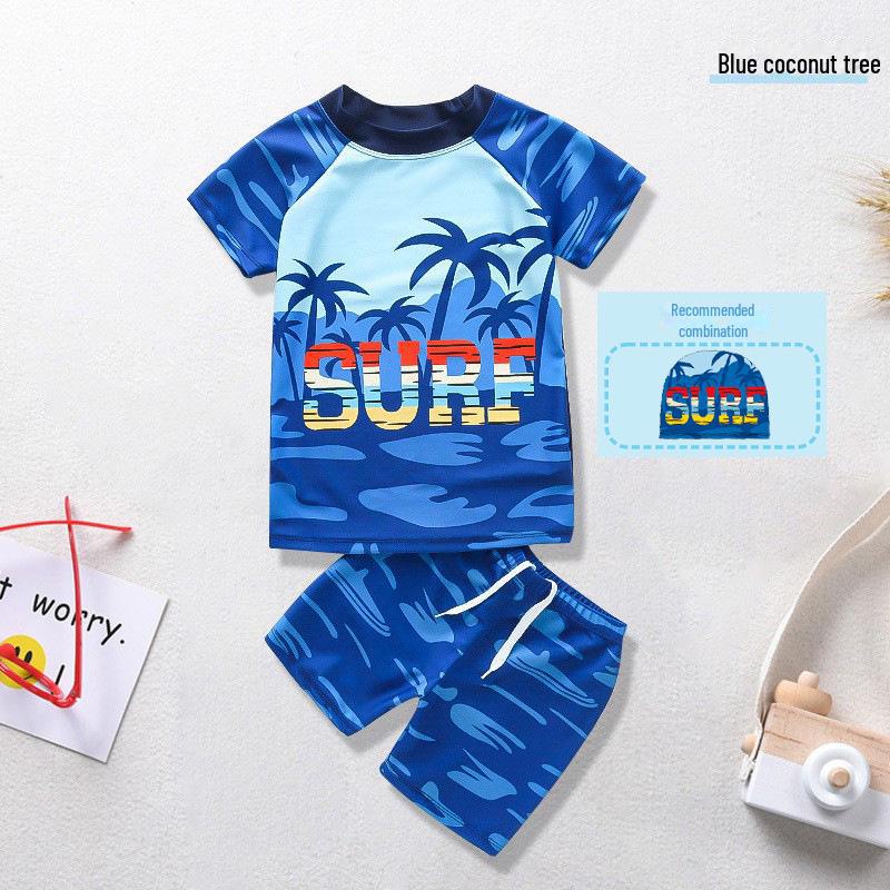 Комплект детского синего купальника с мультяшным акуленком, защитой от УФ-лучей и шапочкой для плавания