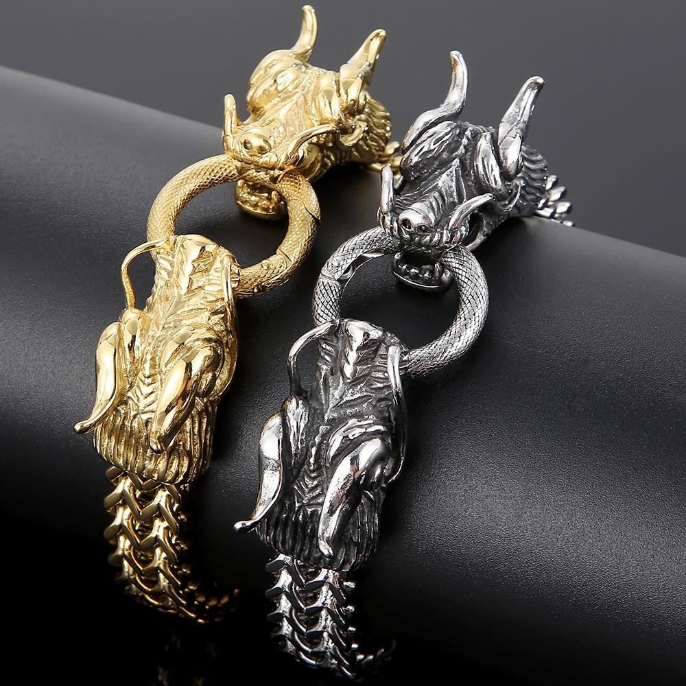 Gothic Double Chinese Long Dragon Heads Design Men's Bracelet 11MM Width Stainless Steel Square Franco Link Chain Male Jewelry