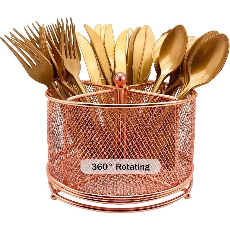 Compartment Silverware Cutlery Holder 360 Rotating Metal Utensil Fork Spoon Napkin Organizer Flatware StorageRose Gold Pink