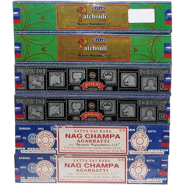 Satya Nag Champa & Natural Patchouli & Superhit Incense Sticks Pack of 6 Boxes, 15 GMS Each