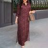 Women Casual Turn Down Collar 3/4 Sleeve Loose Cotton Dress