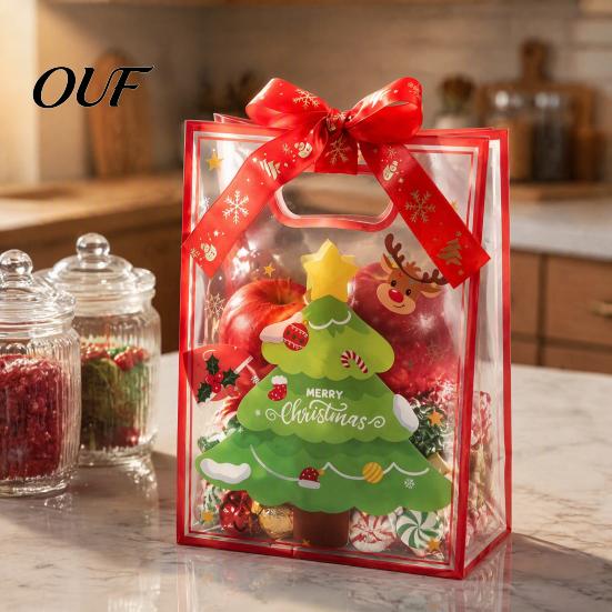 Seasonal Souvenir Gift Pouches Christmas Bags with Handles, Reusable Clear PP Treat for Eve Candy Apples Cookies, Holiday Party Favor Packaging Ribbon
