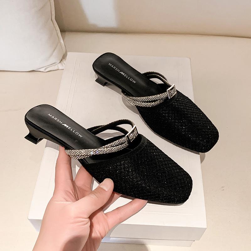 Стразы модная верхняя одежда сумка голова тапочки 2025 лето новый универсальный толстый каблук круглый носок один педаль и половина тапочек