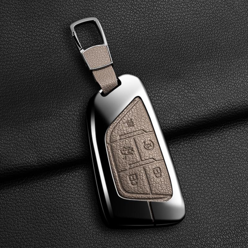 Zinc Alloy + Leather 5 Buttons Car Key Case Cover Fob Holder Shell for Cadillac CT4 CT5 CT4-V C8 Corvette 2020 2021 Escalade
