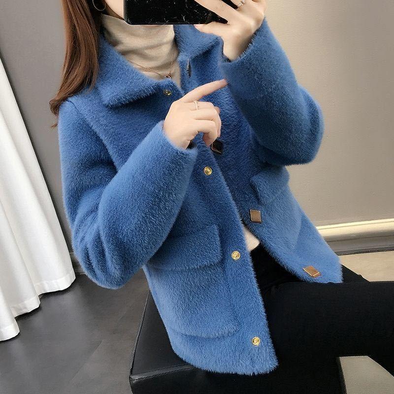 Fuzzy Cardigan Sweater for Women Imitation Mink Velvet Jacket Women Short Mohair Cardigan Lapel Knitted Cardigan Sweaters with Pockets