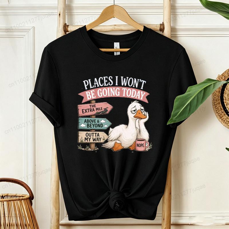 Women Funny Lazy Duck Graphic T Shirt Places I Won’t Be Going Today Sarcastic Quote Tee Casual Retro Short Sleeve Tee Top Outfit