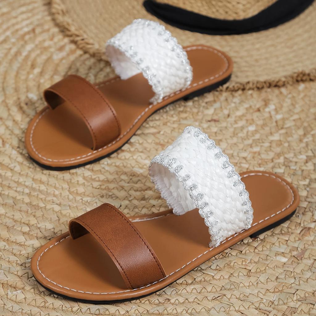 Женские плоские тапочки, летняя повседневная пляжная обувь для женщин, ретро-обувь с открытым носком, женские сандалии больших размеров, женские шлепанцы