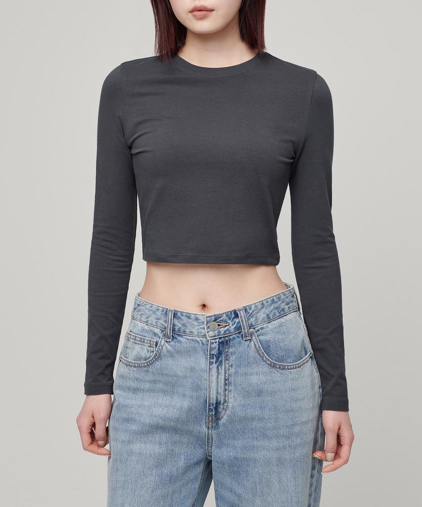 MUSINSA STANDARD WOMAN Женская узкая укороченная футболка с круглым вырезом и длинным рукавом [Темно-серый]