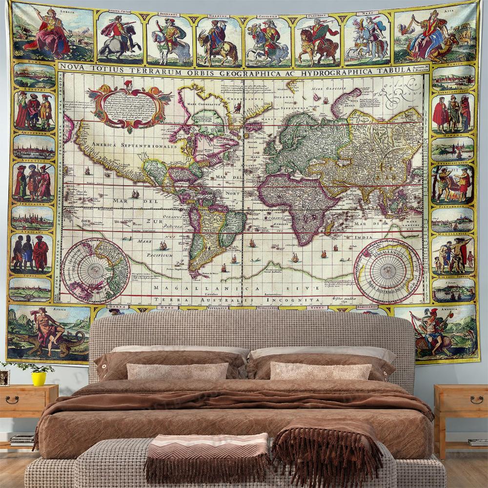 Vintage World Map Tapestry Antique Style Territorial Map Art Patterned Tapestry for bedroom and living room home decor sofas