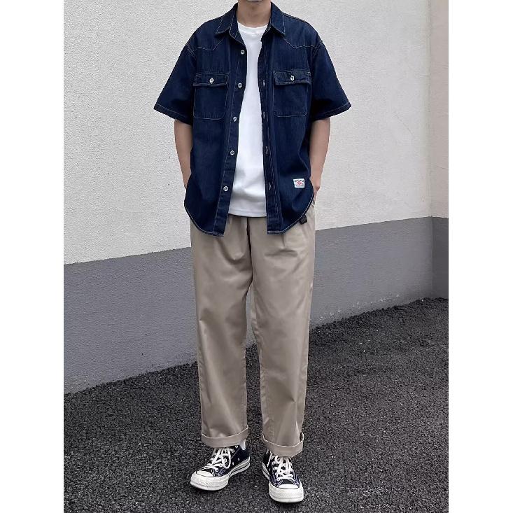 Японский ретро модный бренд летняя свободная джинсовая рубашка с короткими рукавами художественная молодежная рабочая рубашка мужская и женская многослойная куртка