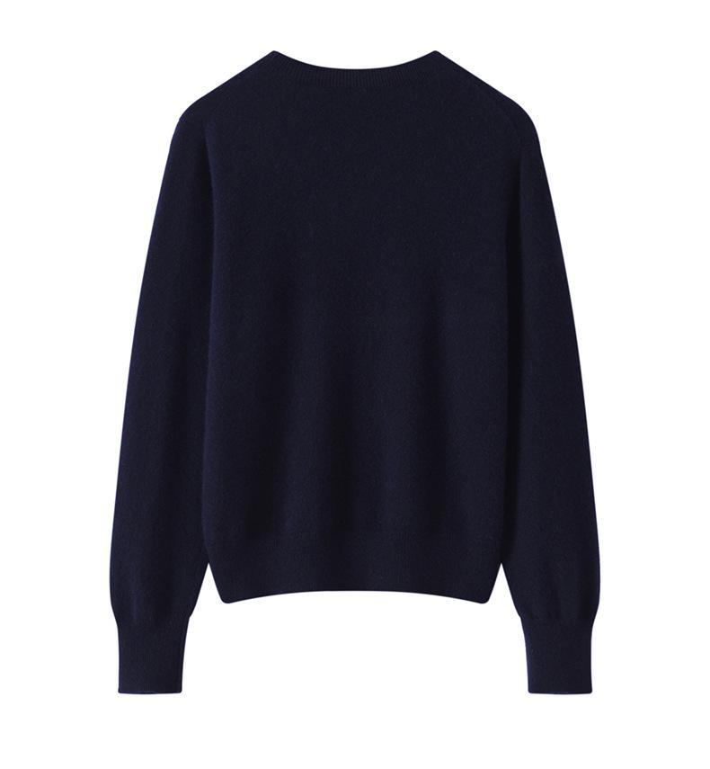 Women's Blueberry Jacquard Pure Cashmere Round Neck Pullover Sweater - Long Sleeve Autumn/Winter Knit Base Layer