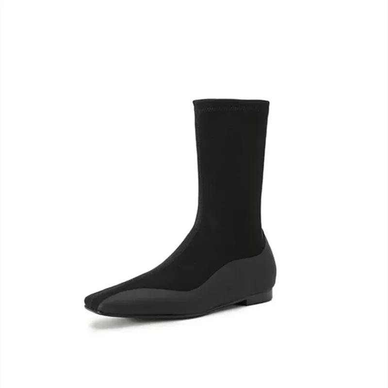 Модные черные сапоги с плоским квадратным носком и внутренней частью, эластичные сапоги для женщин, модные тонкие сапоги из эластичной ткани до колена, зимняя теплая удобная обувь 2025 года