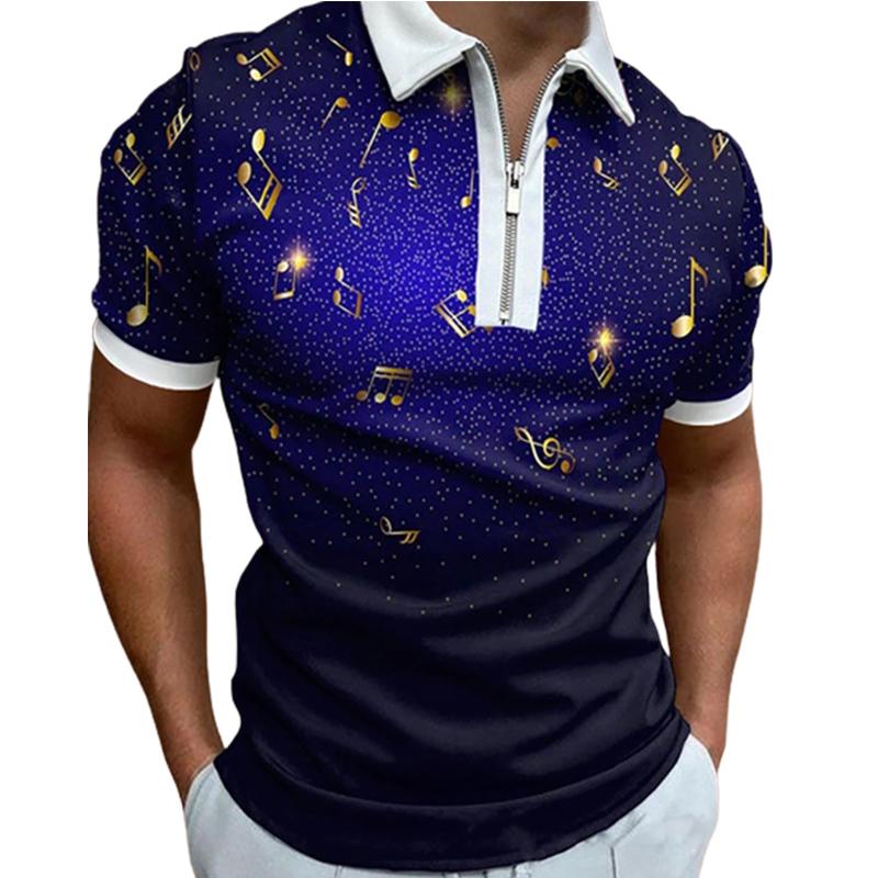 Casual Lapel T-shirt Young Men's Fashion Zipper T-shirt Short Sleeve T-shirt Men's 3D Jumping Notes Print T Shirt