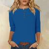 Women's Fashion Casual Round Neck 3/4 Sleeve Loose Solid Color Button T-Shirt Ladies Top