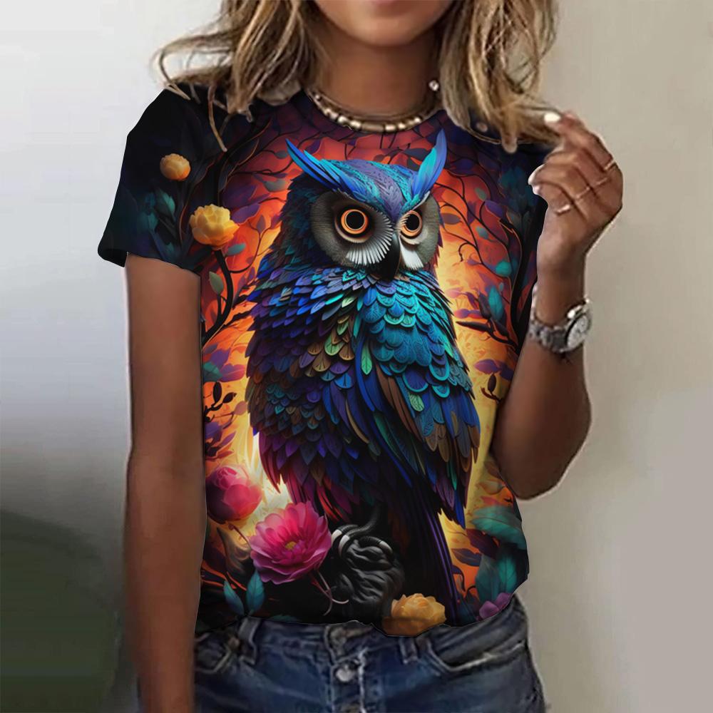 Summer Round Neck 3D Owl Printed Top Fashionable Casual Short Sleeved Women's T-shirts