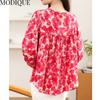 MODIQUE весна лето большие размеры женские свободные повседневные элегантные хлопковые льняные шифоновые блузки с цветочным принтом рубашки женские базовые с круглым вырезом пальто с пышными рукавами