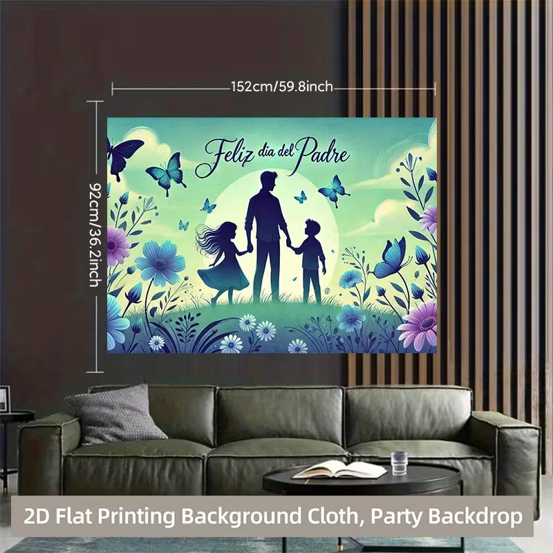 Warm Father's Day Backdrop, Gentle Green and Blue Scene with Father, Kids, Butterflies and Flowers, Heartfelt and Sentimental Wall Art