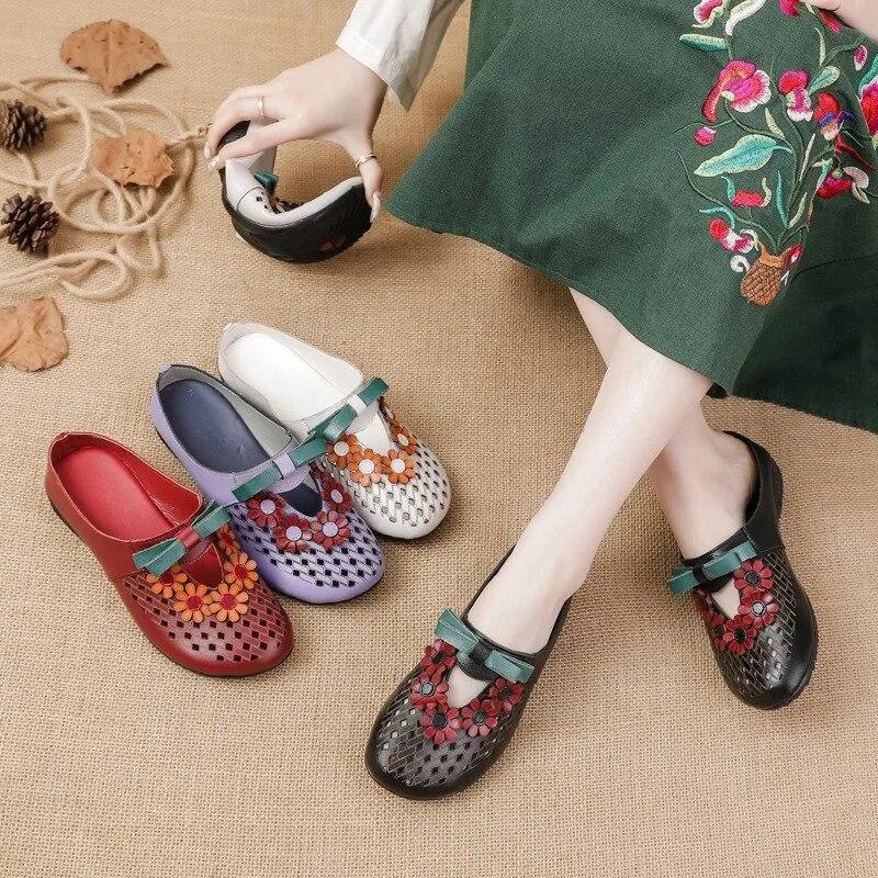 Johnature Тапочки из натуральной кожи с цветочным узором в этническом стиле. Женская обувь на низком каблуке. Полые наружные шлепанцы.