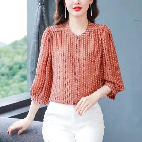 Fashionable Floral Chiffon Shirt for Women, Summer Versatile Seven Quarter Sleeved Loose Printed Top