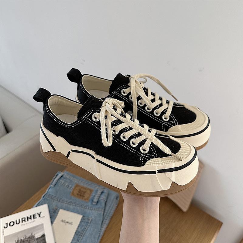 Женская обувь Весенние парусиновые туфли Женские кроссовки на толстой подошве Шнуровка Универсальные повседневные парусиновые женские вулканизированные туфли