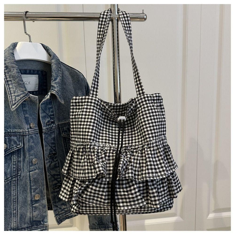 Сумка через плечо в корейском стиле с листом лотоса, Модная клетчатая сумка-тоут, Винтажная сумка на шнурке, Сумка для хранения