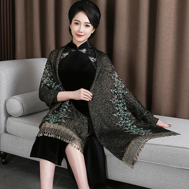 Versatile Scarf with Rhinestones for Women, Cheongsam Shawl, Imitation Cashmere, European and American Style, Hollowed-out Tassels, Thickened Cape