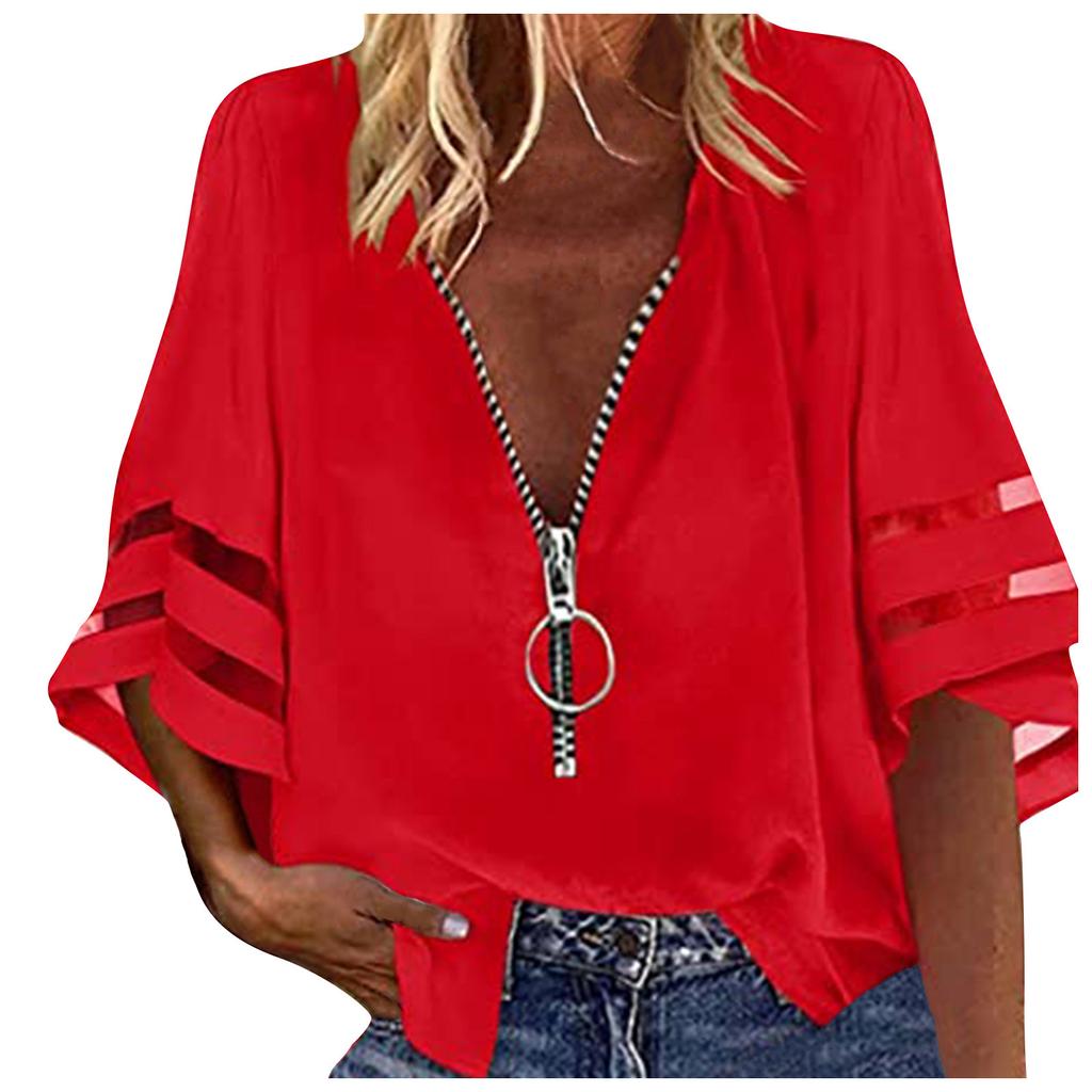 Women's Fashion Solid Colour Casual Loose Mid Sleeve Patchwork T-Shirt Top