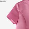ZANZEA Women Summer Stand Collar Casual Short Sleeve Satin Blouse