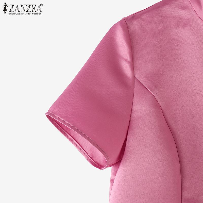 ZANZEA Women Summer Stand Collar Casual Short Sleeve Satin Blouse