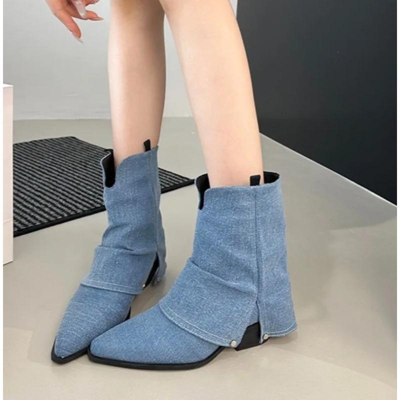 Fashion Women's Mid-calf Boots Pointed Toe Leather Boot Retro Short Leg Pants Tube Boots Classic Canvas Cowboy Boot Womens Fashion Boots