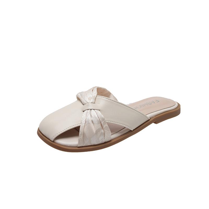 Beige Flat-bottomed Bag Head and Half Slippers for Women's Summer Wear, New Style, Gentle Temperament, Lazy Person, One Foot Sandals