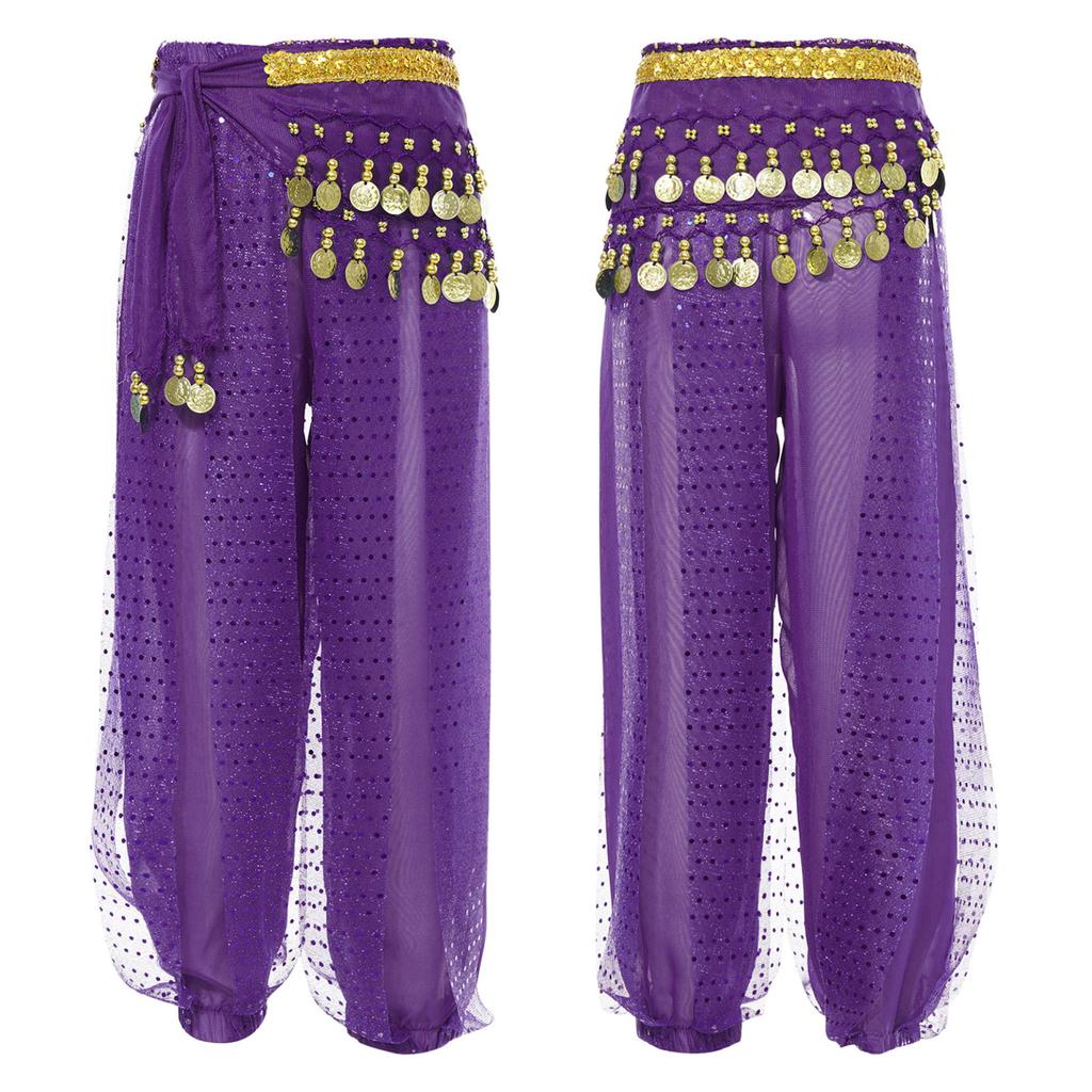 Kids Girls Belly Dance Performance Pants Sequined Dots Chiffon Trousers Bloomers with Tassels Waist Chain Hip Scarf