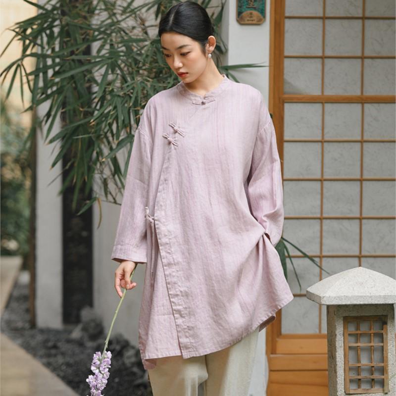 Johnature Women Vintage Striped Shirts Tops Stand Long Sleeve Loose Spring Blouses Button Chinese Style Shirt