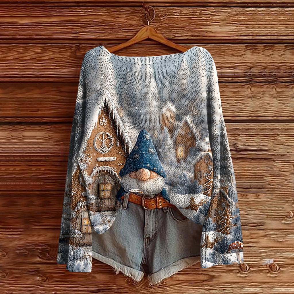 Women's Christmas Print Lightweight Sweater Casual Long Sleeve Knitted Pullover