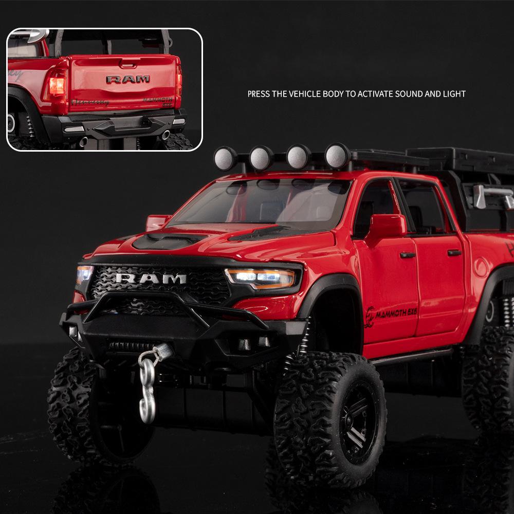 1/32 Scale Dodge Tyrannosaurus Rex RAM 1500 TRX 6*6 Warlord Alloy Miniature Car Diecast Metal Scale Car Model Sound and Light Kid Toy Car