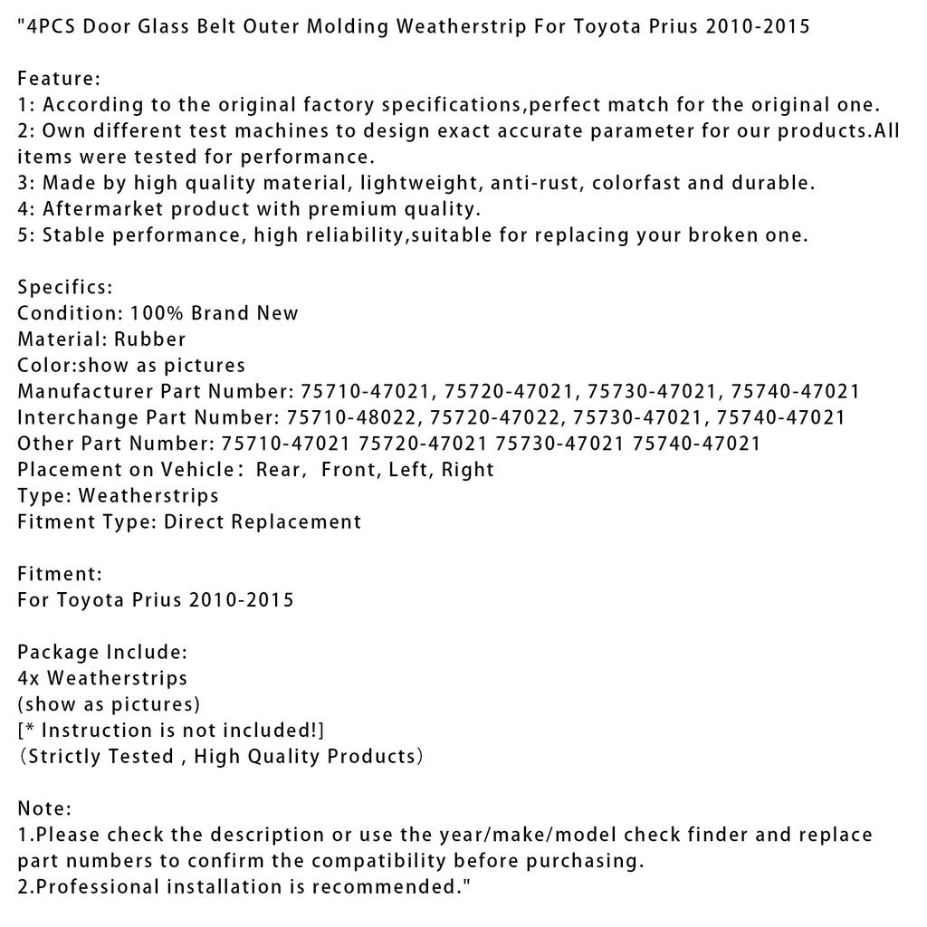 4 шт. Наружный молдинг уплотнителя стекла двери для Toyota Prius 2010-2015