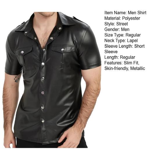 Мужская металлизированная рубашка на пуговицах с коротким рукавом и лацканами, облегающий сценический костюм для ночного клуба, вечеринок, баров, клубов