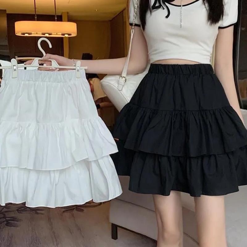 Плиссированная юбка А-силуэта женская белая с оборками милая многоуровневая юбка в стиле милитари с эластичной талией летнее облегающее базовое корейское платье в стиле Харадзюку