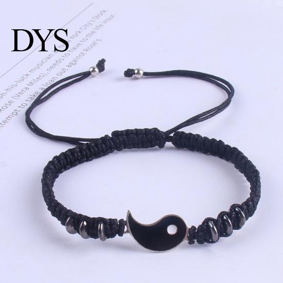 Vintage Bracelets 2Pcs Couple 2 Matching Yin Yang Hand Knitted Unisex Men Women Shiny Rhinestones Adjustable for Valentines Day Tai Chi