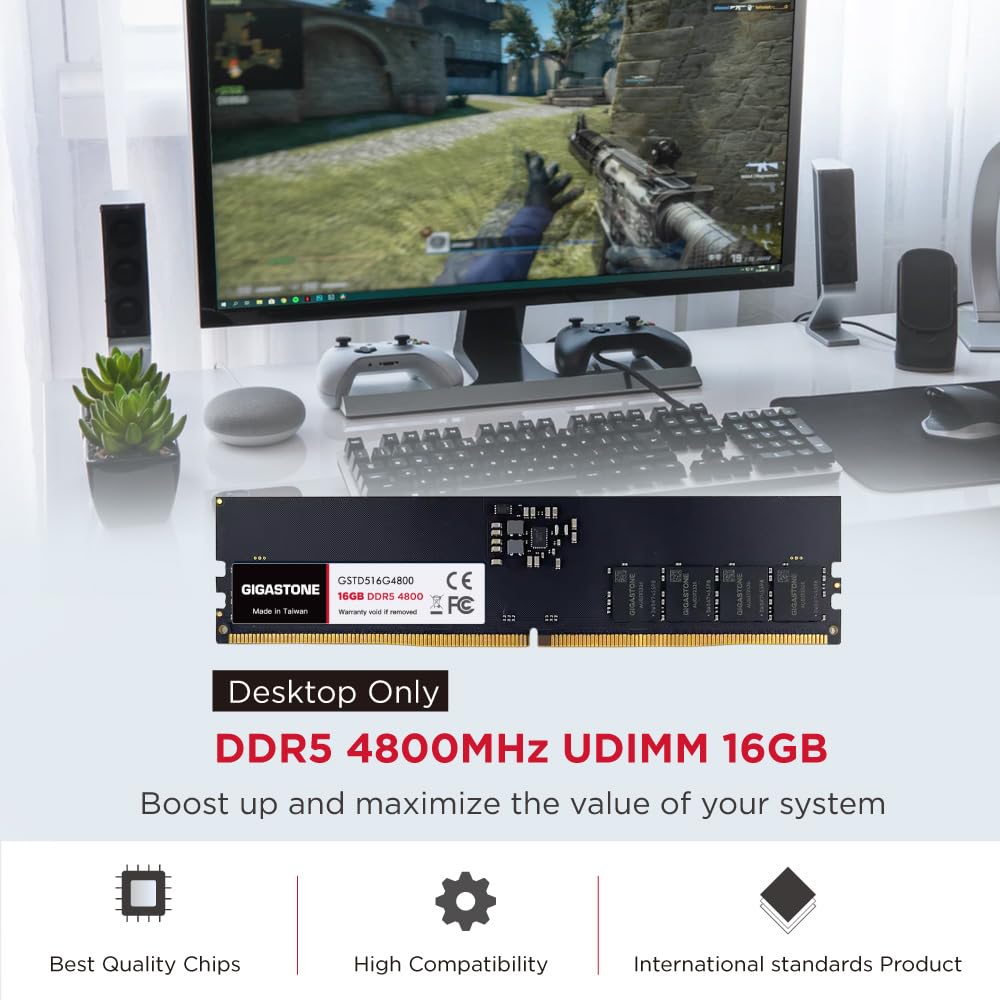 Performance Memory GIGASTONE 16GBx1 DDR5 4800MHz CL UDIMM 288 Pin Unbuffered PC Desktop Only High Performance Memory Module Upgrade [High DDR5]