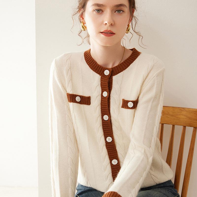 Women's Thick Cashmere Color Block Cardigan Sweater - Autumn/Winter Collection, Loose Fit, Round Neck