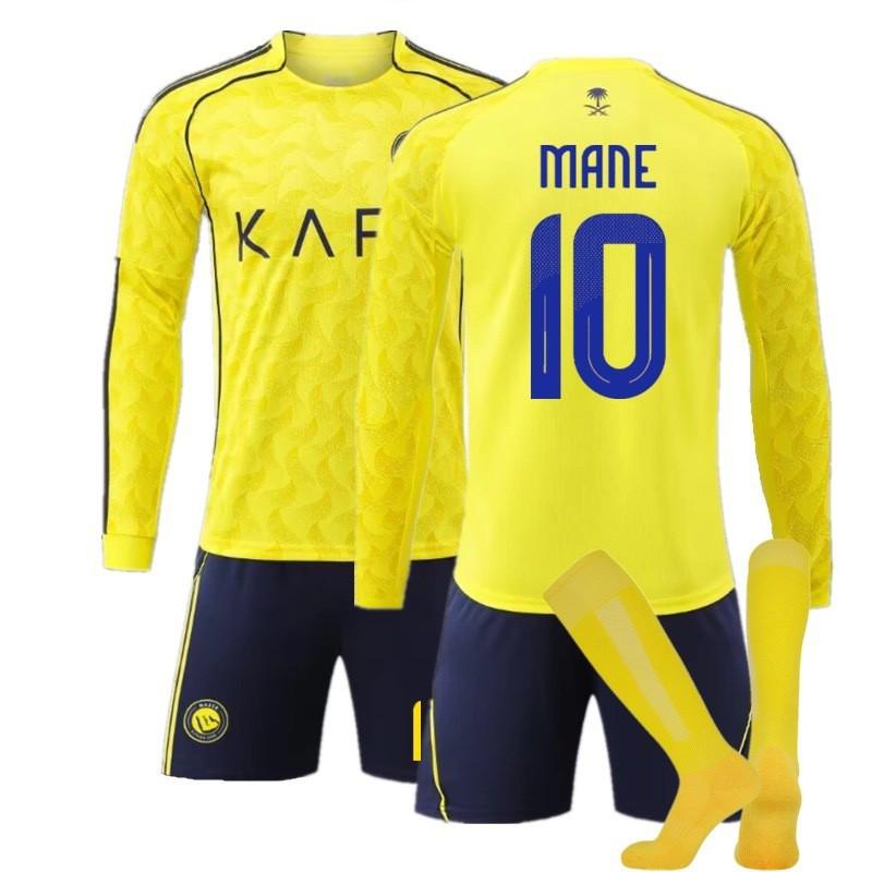 2026 Riyadh Home Soccer Jersey Long Sleeve Kit Mens Football Uniform Size S-3XL Yellow Striped Ronaldo 7